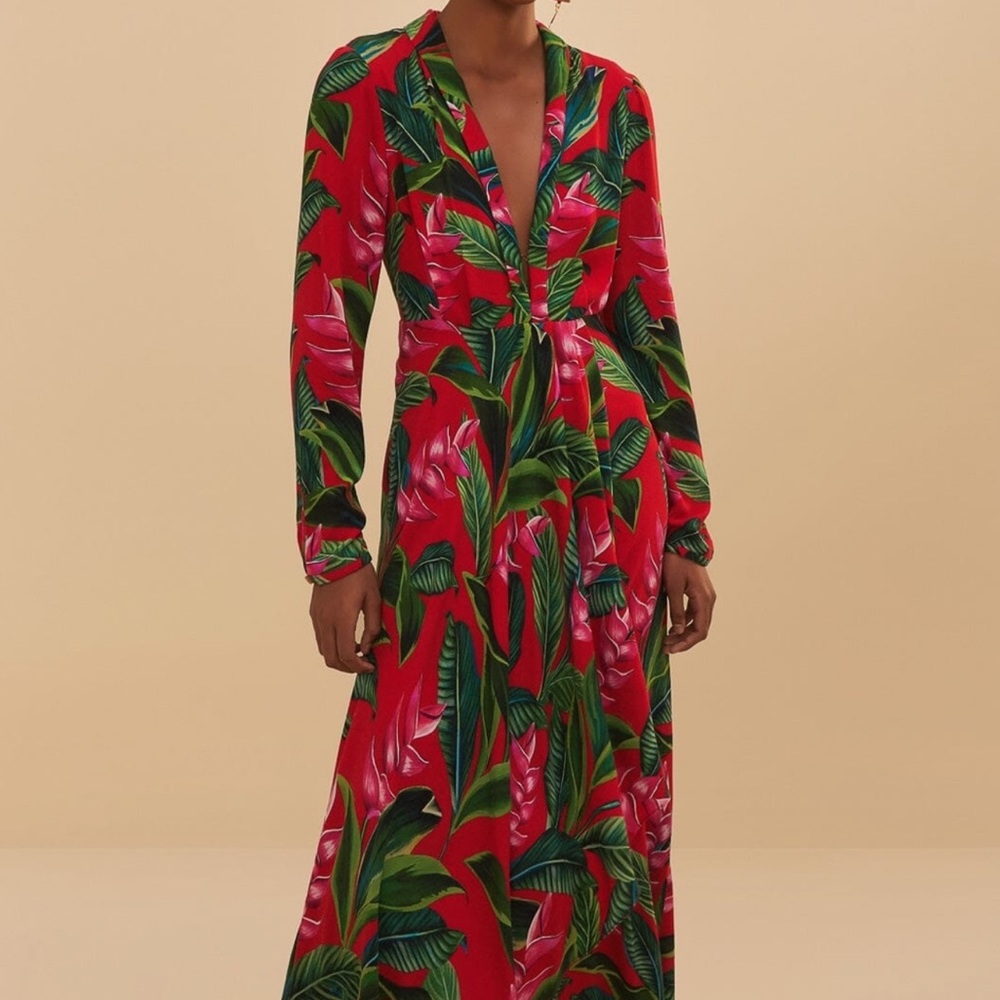 FARM Rio Red Dream Garden Long Sleeve Maxi Dress – Botanical Print – NWOT